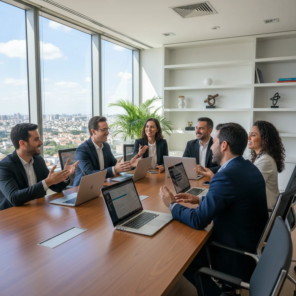 A photorealistic image depicting a diverse group of adult professionals in a modern Brazilian office setting, engaged in a collaborative meeting around a conference table, symbolizing the importance of internal regulations in fostering a structured and harmonious work environment. The scene should convey professionalism, teamwork, and compliance without showing any documents or text.