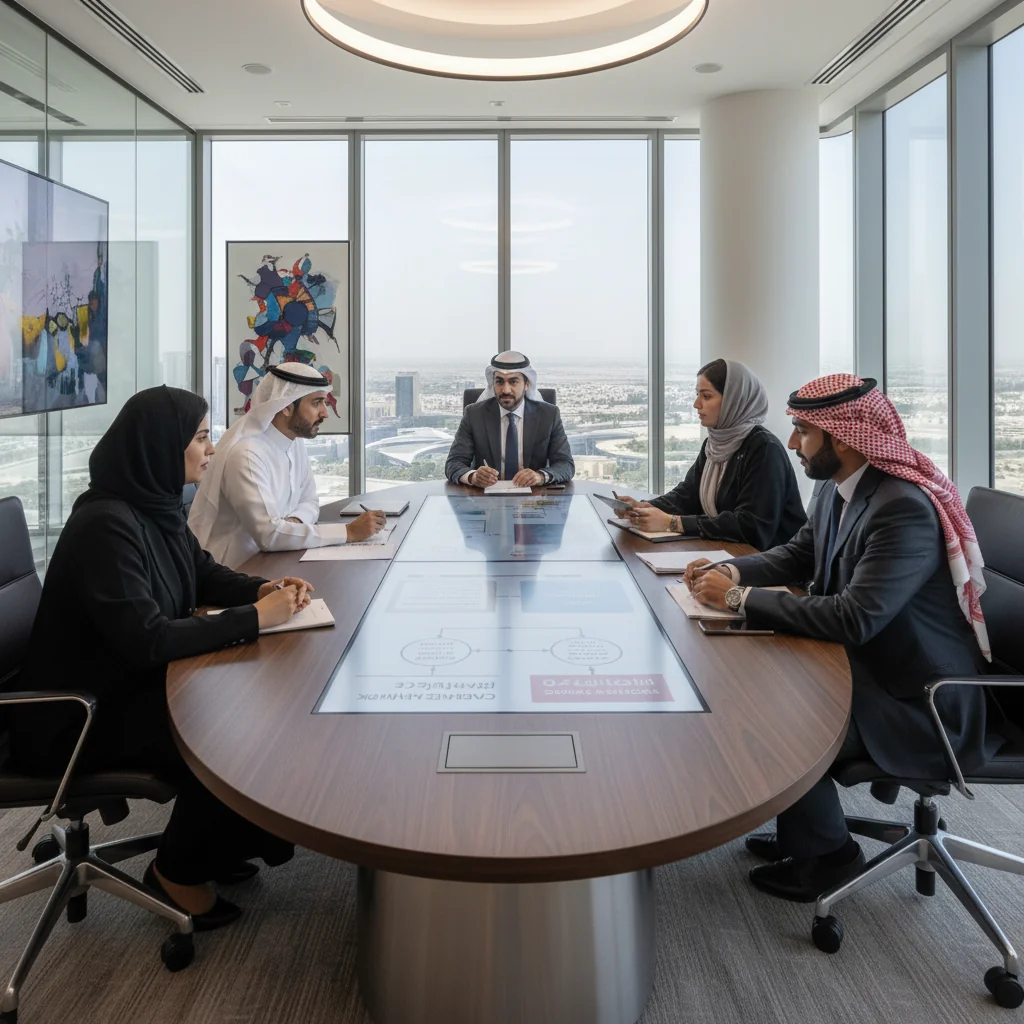 A photorealistic image of a professional Saudi Arabian business team in a modern corporate office in Riyadh, engaged in a collaborative meeting. Diverse adult professionals, including men and women in traditional and business attire, are reviewing policy documents on a large screen, symbolizing effective management of policies and procedures. The atmosphere is organized, efficient, and forward-thinking, with elements of Saudi culture like subtle desert views through windows. No children are present.
