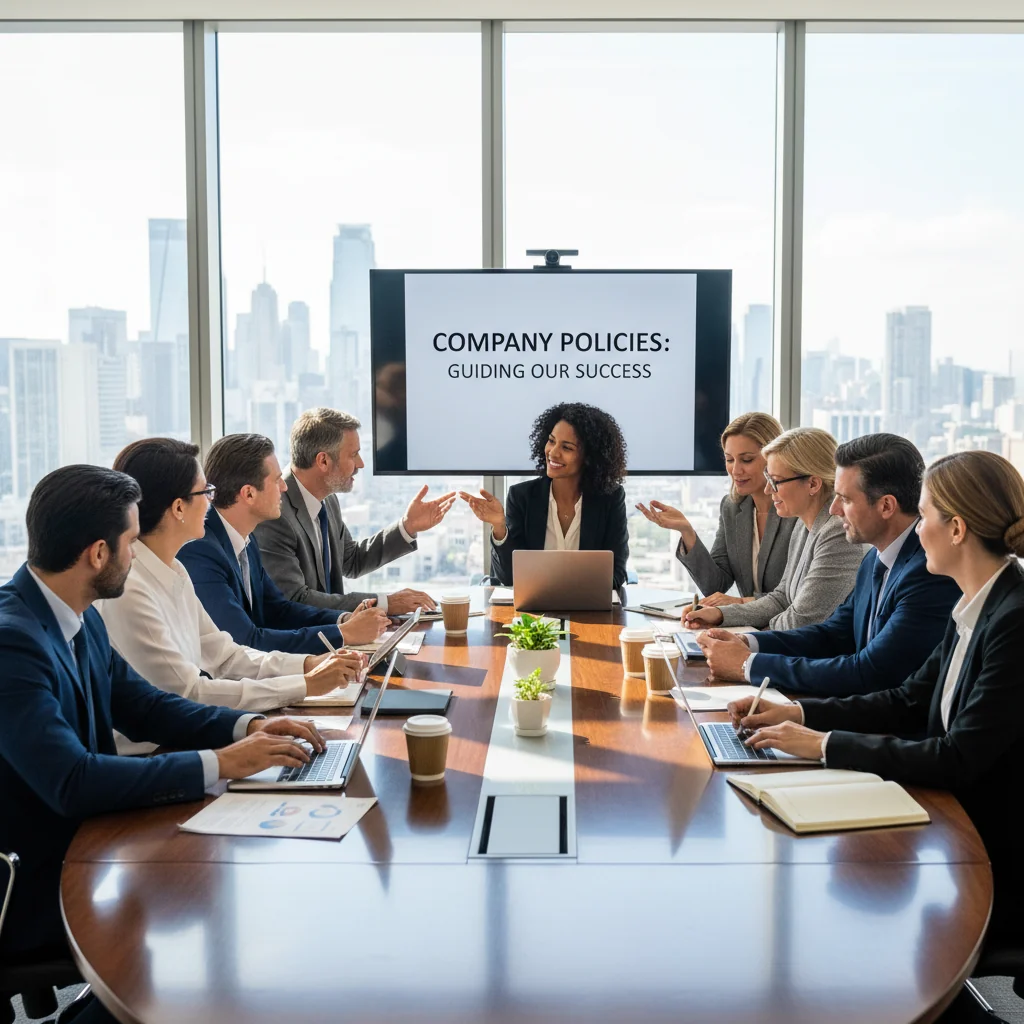A photorealistic image of a diverse group of professional adults in a modern corporate office setting, engaged in a collaborative meeting around a conference table, symbolizing the importance of internal company regulations and their core elements in fostering a structured and harmonious work environment. The scene conveys professionalism, teamwork, and organizational integrity without showing any documents or text.