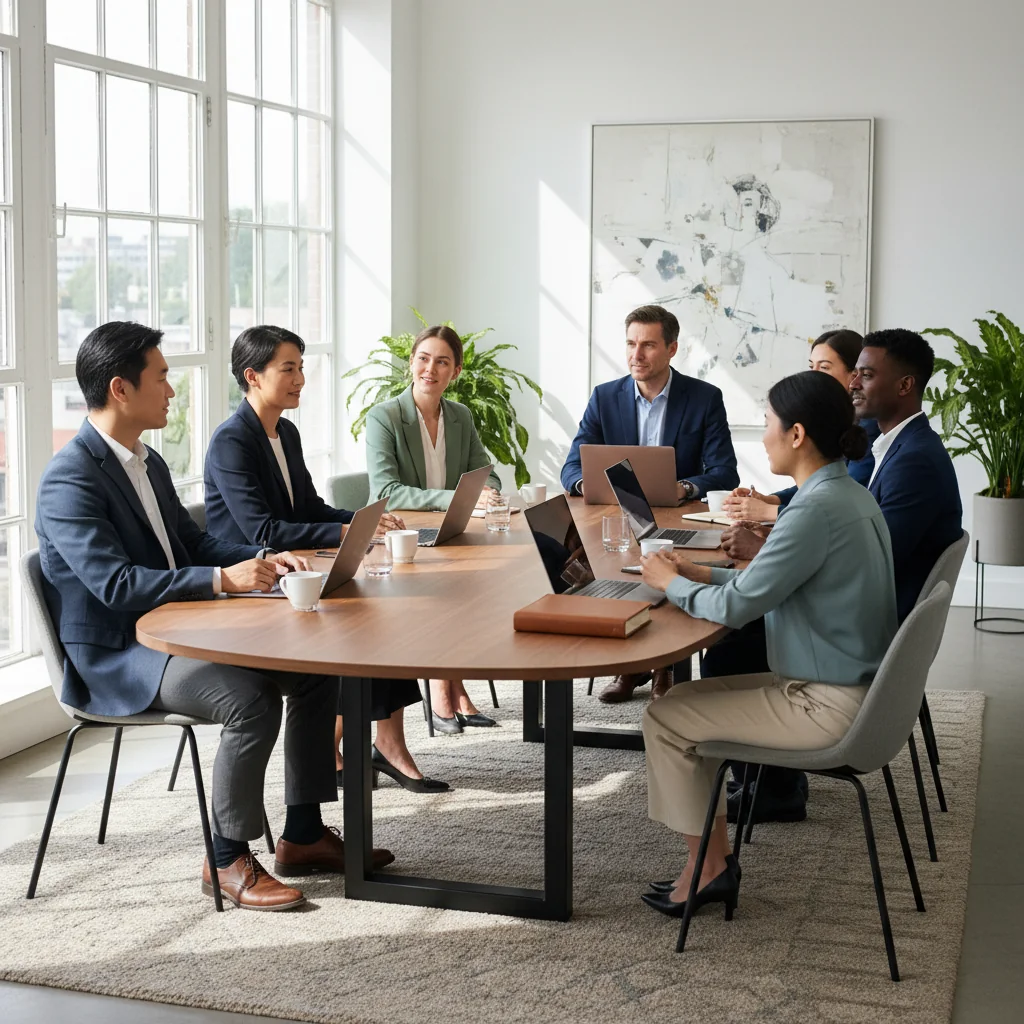 A photorealistic image of a diverse group of adult professionals in a modern office setting, engaged in a collaborative meeting around a conference table, discussing workplace policies with positive and inclusive expressions, symbolizing the agreement and cooperation fostered by a Betriebsvereinbarung in a German corporate environment. No children are present in the image.