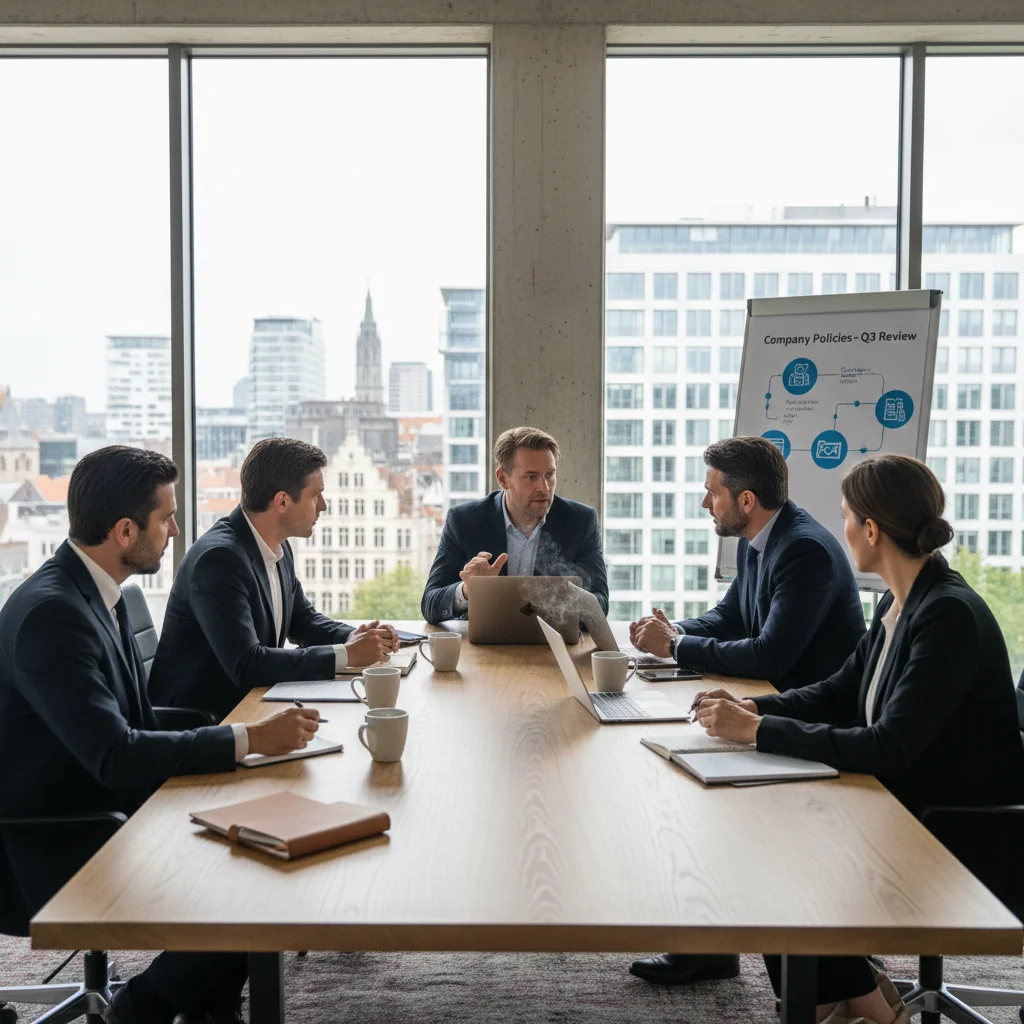 A photorealistic image depicting a professional meeting in a modern Belgian office, where a diverse group of adult employees is discussing workplace rules and guidelines around a conference table, symbolizing legal obligations and internal order in a company setting, with no children present.