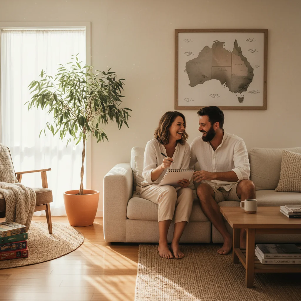 A photorealistic image of a happy Australian family in their cozy living room, with parents discussing and writing on a notepad, symbolizing the creation of house rules, no children visible.