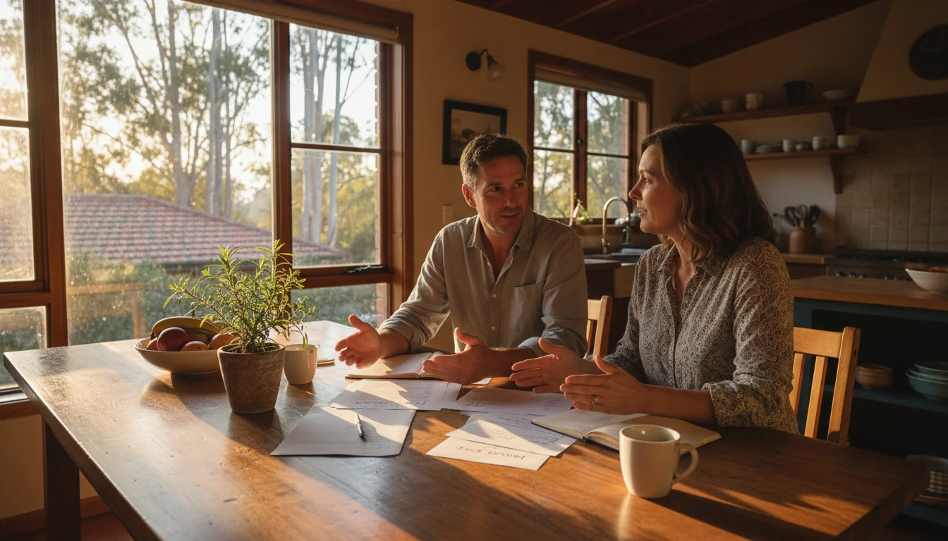 Family discussing house rules around table