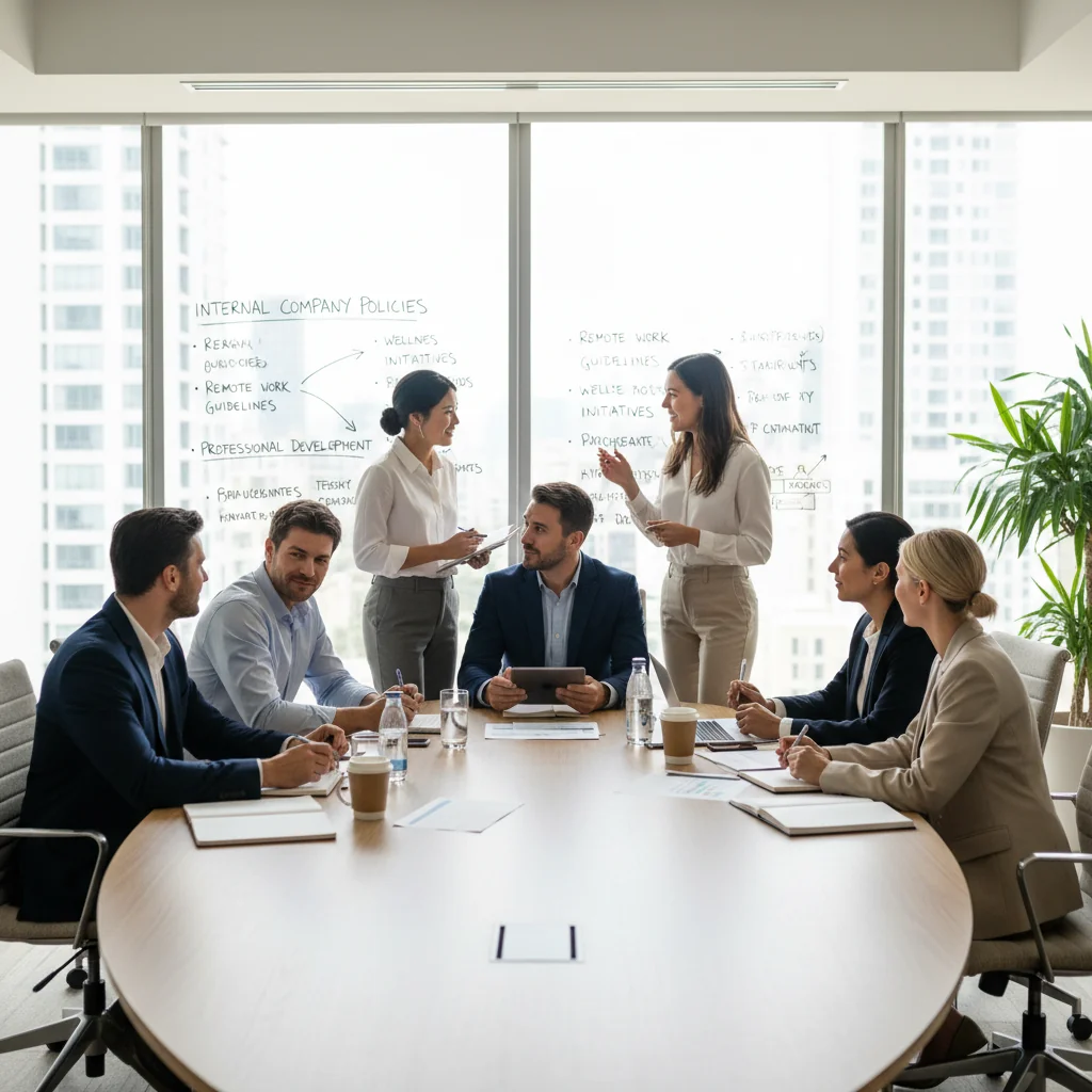 A photorealistic image of a diverse group of adults in a modern office setting, engaged in a collaborative meeting around a conference table, discussing and reviewing guidelines on a whiteboard, symbolizing the creation of effective internal rules and order, with no children present.