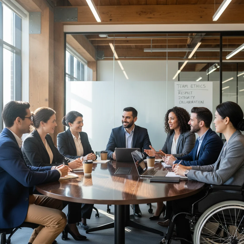 A photorealistic image depicting a diverse group of adult professionals in a modern Canadian workplace, engaged in a collaborative meeting around a conference table, symbolizing ethical conduct, teamwork, and professional integrity. The scene includes adults of various ethnicities, wearing business attire, with natural lighting from large windows overlooking a cityscape, evoking a sense of trust and respect in the work environment. No children are present in the image.