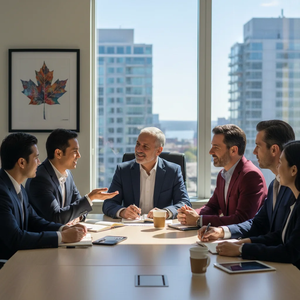 A photorealistic hero image depicting a diverse group of adult professionals in a modern Canadian office setting, engaged in a collaborative discussion around a conference table, symbolizing ethical conduct, integrity, and professional guidelines in a workplace environment. The scene captures a sense of trust, respect, and teamwork among adults only, with no children present.