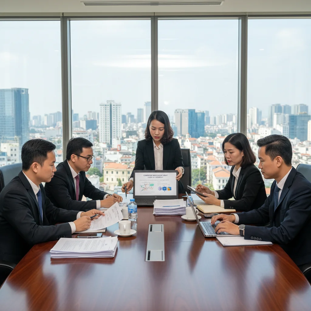 A photorealistic image of a professional business meeting in a modern Vietnamese office, where a diverse group of adult professionals are collaboratively reviewing and discussing internal company policies on documents, symbolizing the creation of detailed internal regulations for a Vietnamese enterprise. The scene captures a sense of organization, compliance, and teamwork among adults only, with no children present.