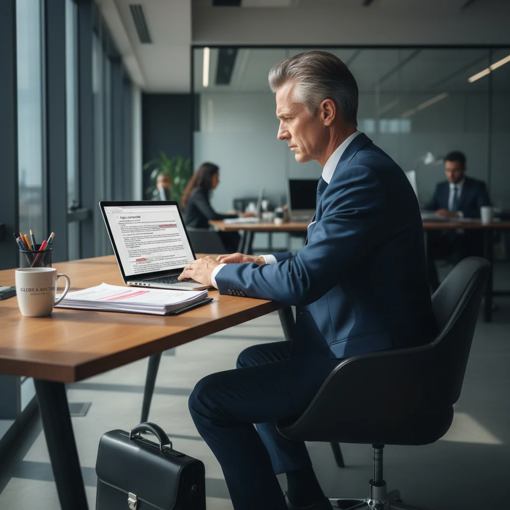 A photorealistic image depicting a serious adult professional in a modern office setting, looking contemplative while reviewing a document on a desk, symbolizing the analysis of consequences and legal responsibilities for violating company rules. The atmosphere conveys tension and professionalism, with no children present.