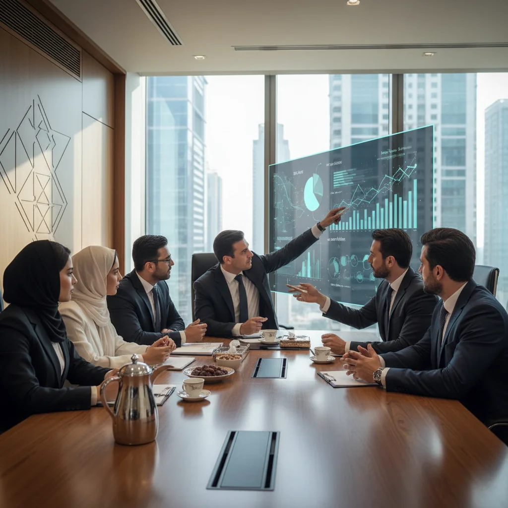 A photorealistic image of a professional business meeting in a modern Saudi Arabian office, where diverse adult professionals are collaboratively reviewing and discussing policy documents on a large screen, symbolizing the implementation of policies and procedures according to Saudi standards. The scene conveys organization, compliance, and teamwork, with traditional Saudi elements like Arabic calligraphy in the background decor. No children are present.