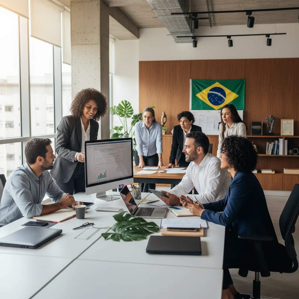 A photorealistic image depicting a diverse group of adult professionals in a modern Brazilian office environment, symbolizing rights and duties of employees. They are engaged in collaborative work, looking confident and empowered, with elements like a Brazilian flag subtly in the background to represent the internal regulation context.