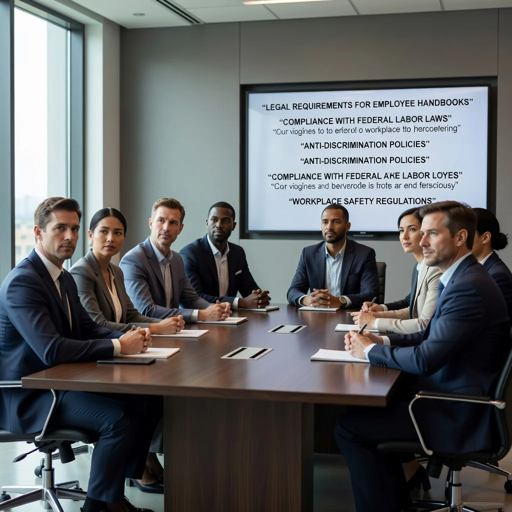 A photorealistic image depicting a diverse group of adult professionals in a modern office environment, engaged in a collaborative meeting around a conference table. They are reviewing important workplace guidelines on a shared screen, symbolizing compliance and legal standards in employee handbooks. The atmosphere is professional and inclusive, with adults only, no children present.