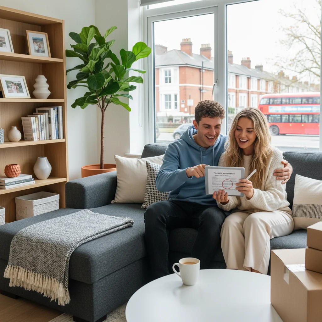 A photorealistic image of a young adult couple in a modern UK apartment, reviewing a rental agreement on a tablet while sitting on a cozy sofa, with subtle house rules like no smoking signs in the background, conveying understanding and agreement.