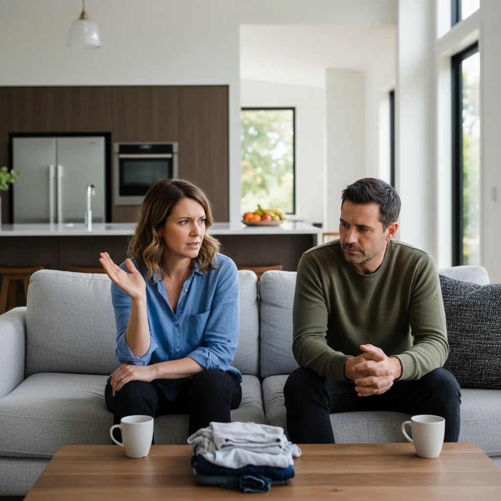 A photorealistic image depicting a tense discussion between two adults in a modern New Zealand home, representing a common house rules dispute, such as roommates arguing over shared responsibilities, with neutral expressions and a cozy living room background to emphasize resolution potential.