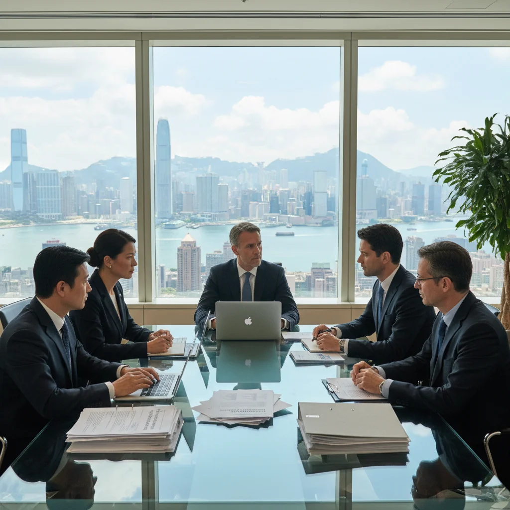 A photorealistic image of a professional business meeting in a modern Hong Kong office, with diverse adult executives discussing compliance strategies around a conference table, overlooking the city skyline, symbolizing corporate governance and regulatory adherence in a bustling financial hub.