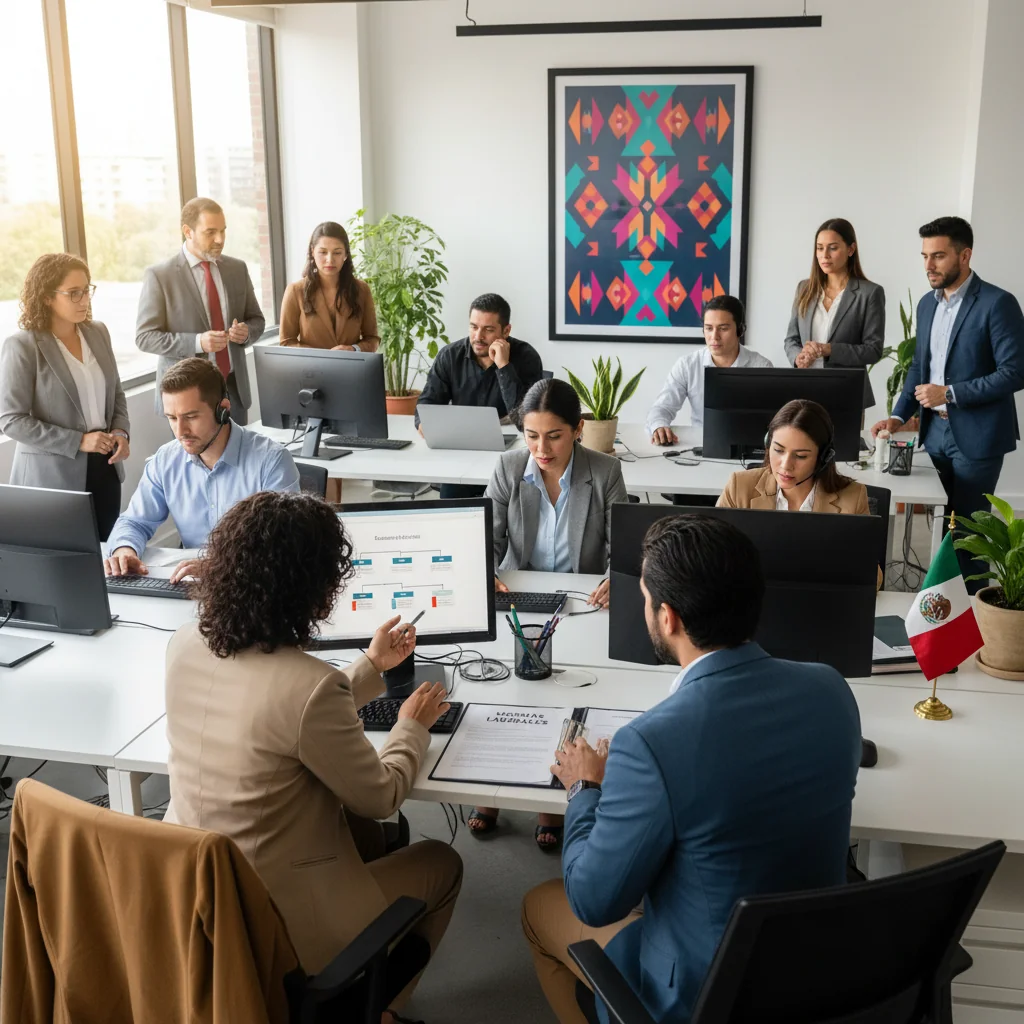 A photorealistic image of a diverse group of professional adults in a modern Mexican office environment, symbolizing workplace harmony, compliance, and productivity under labor regulations. The scene includes employees from various backgrounds collaborating at desks with laptops, a manager discussing guidelines with a team member, and subtle Mexican cultural elements like vibrant decor or a flag in the background, conveying a sense of fair and regulated work life.
