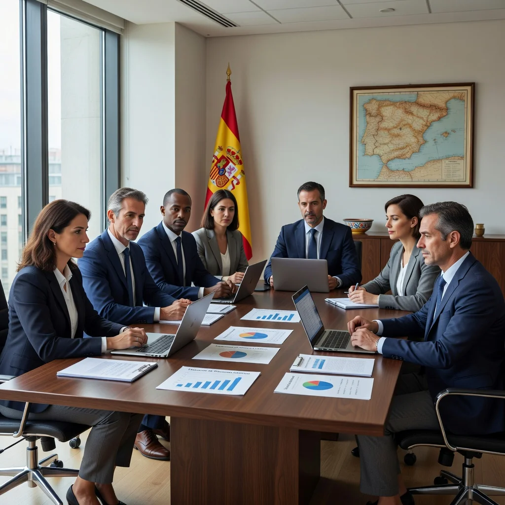A photorealistic image of a professional team meeting in a modern Spanish office, symbolizing the creation of effective internal regulations for a workplace. Diverse adults discussing guidelines around a table with Spanish flags or elements in the background, conveying organization and compliance. No children present.