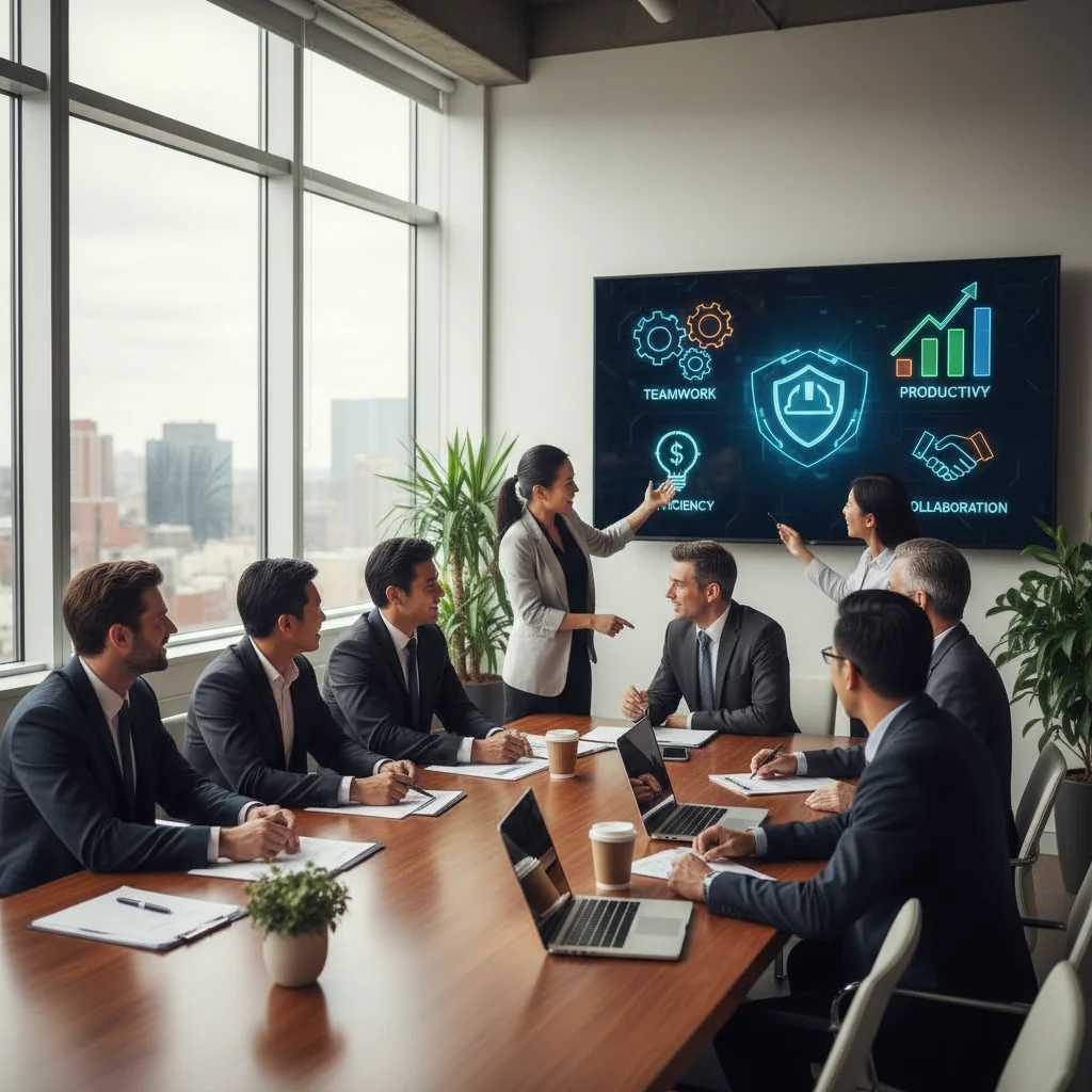 A photorealistic image depicting a professional team in a modern office environment, collaboratively reviewing workplace guidelines on a large screen, symbolizing effective internal work regulations. Diverse adult professionals engaged in discussion, no children present.