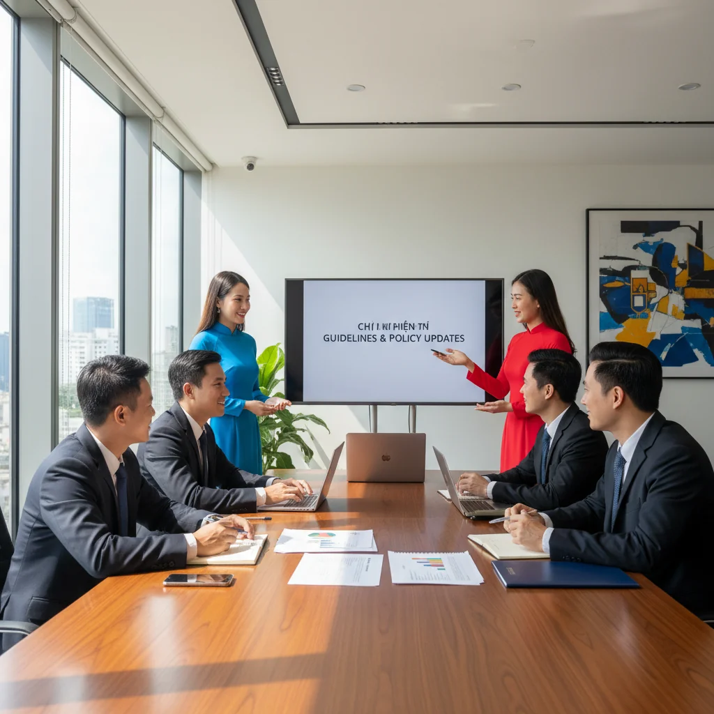 A photorealistic image of a professional business meeting in a modern Vietnamese office, where diverse adult employees are discussing internal policies around a conference table, symbolizing the importance of internal regulations in a Vietnamese enterprise. No children are present.