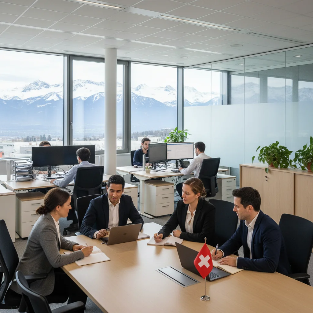 A photorealistic image of a diverse group of adult professionals in a modern Swiss office setting, engaged in collaborative work, symbolizing structured workplace regulations and employment guidelines in Switzerland. The scene includes adults only, no children, with elements like Swiss flags or alpine views in the background to evoke the location.