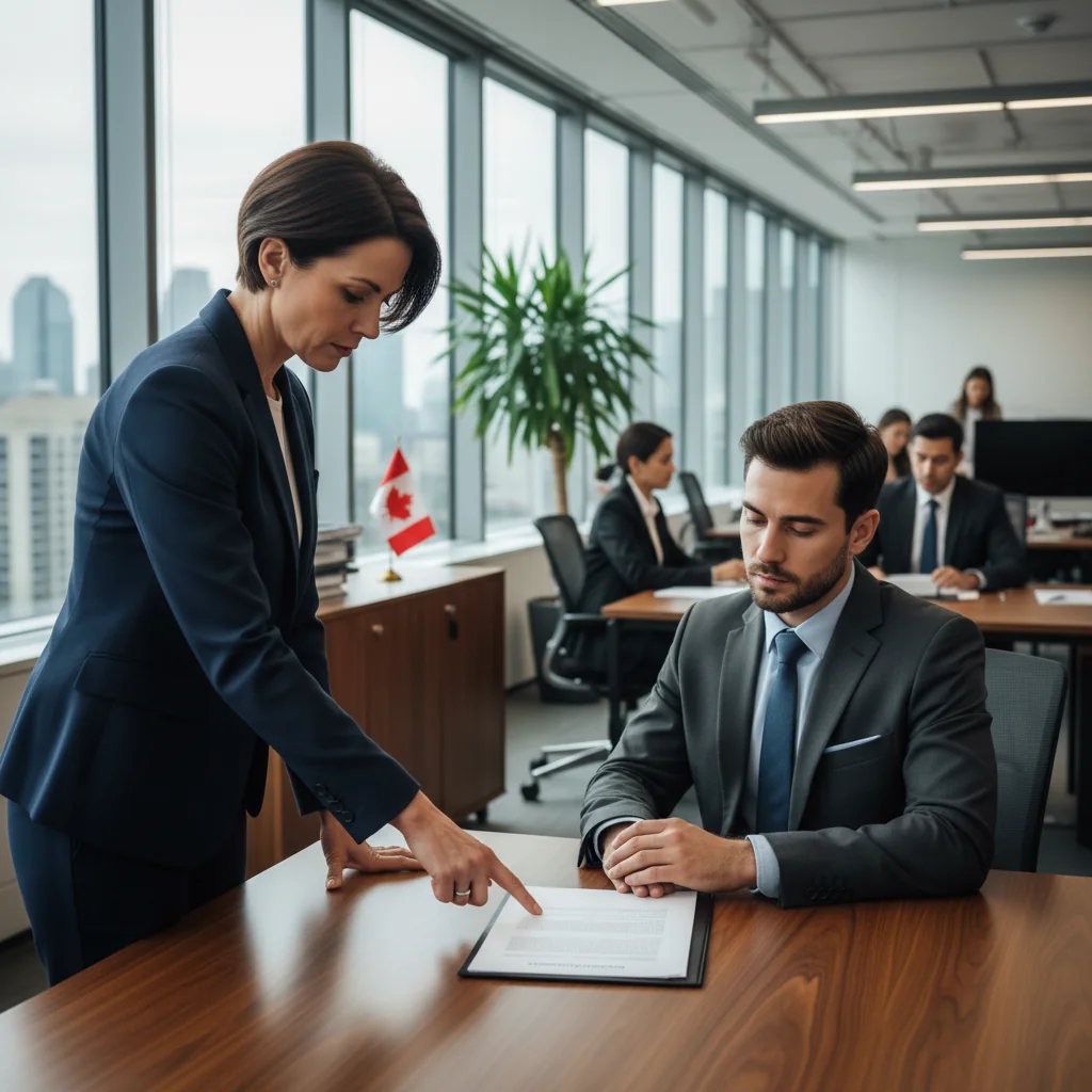 A photorealistic image depicting a professional office setting where an adult employee is being guided by a supervisor during a compliance training session, symbolizing enforcement of workplace conduct codes. The scene includes diverse adult professionals in business attire, with subtle elements like a whiteboard showing code guidelines, emphasizing professionalism and accountability in a Canadian corporate environment.