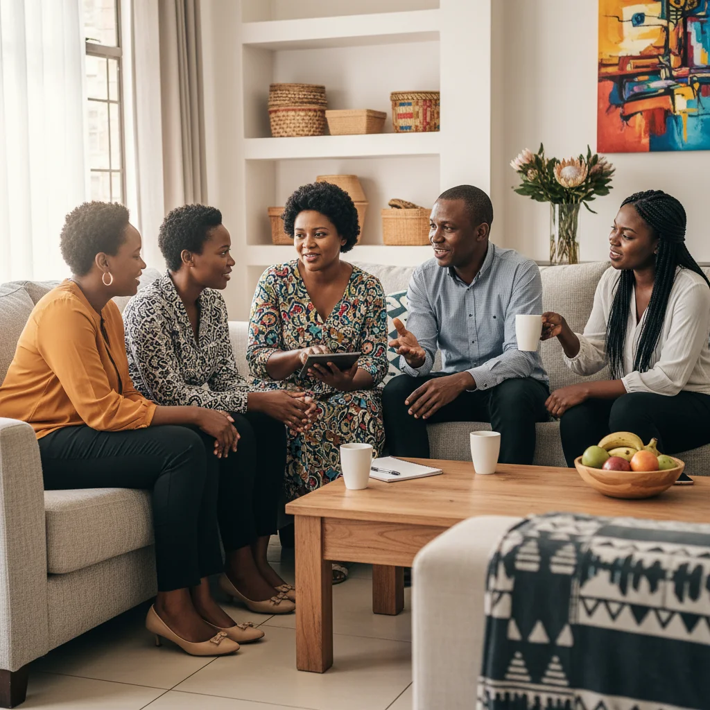 A photorealistic image depicting a diverse group of South African adults in a home setting, engaged in a calm discussion around a living room table to resolve a common household dispute, such as sharing chores or space, with subtle South African cultural elements like local decor in the background, conveying resolution and harmony without any focus on documents.
