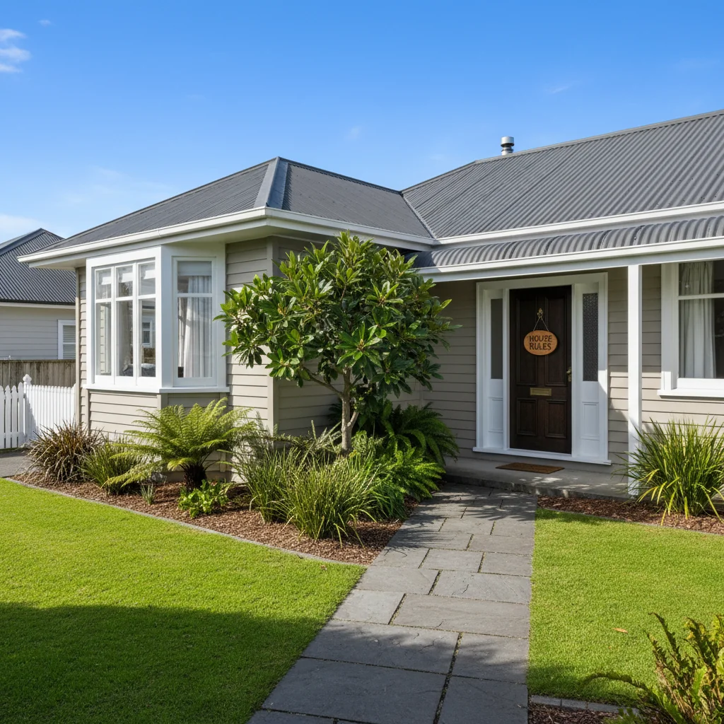 A photorealistic image of a modern New Zealand family home exterior on a sunny day, with a 'House Rules' sign visible on the front door, surrounded by a well-maintained garden, evoking a sense of community and home guidelines without focusing on any documents or children.