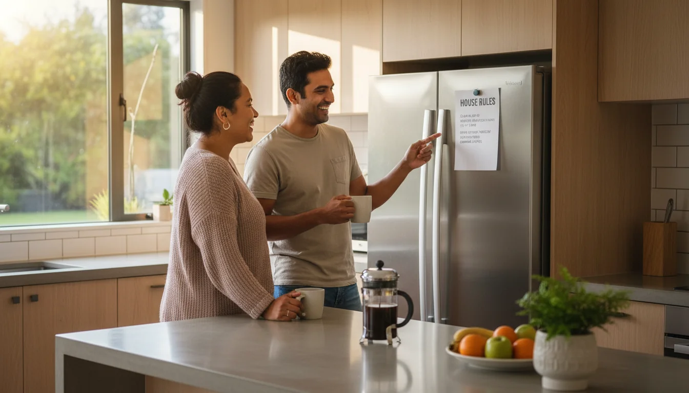 Happy adult roommates in kitchen