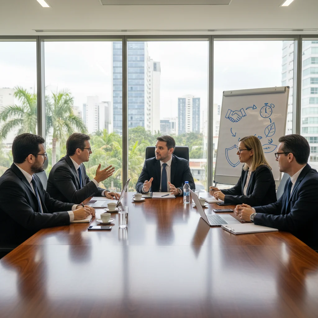 A photorealistic image of a professional business meeting in a modern Brazilian office, with diverse adult employees discussing company policies around a conference table, symbolizing effective internal regulations and workplace harmony.