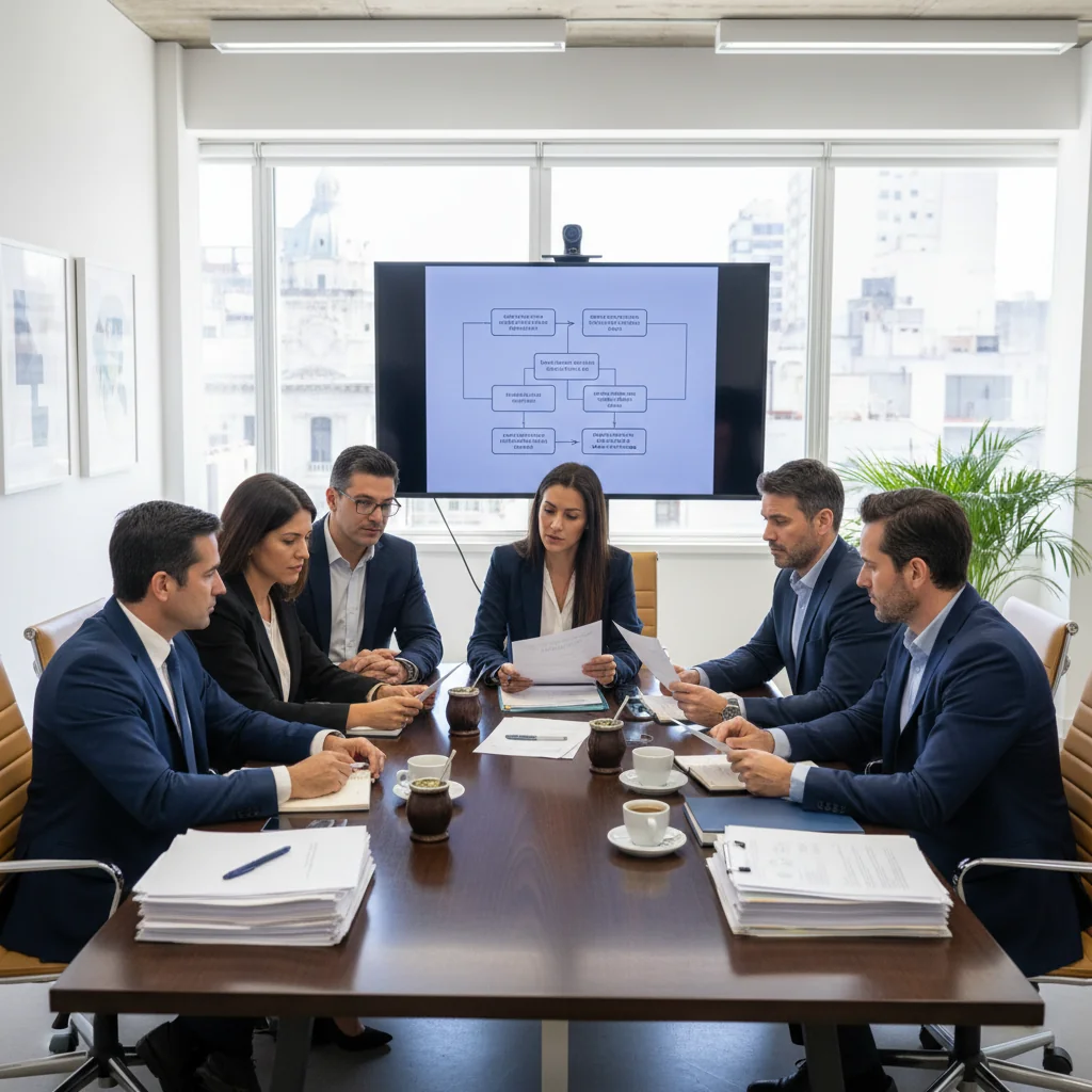 A photorealistic image of a diverse group of professional adults in a modern Argentine office setting, engaged in a collaborative meeting to discuss and establish internal workplace rules, symbolizing order, discipline, and effective team management. The scene conveys harmony, professionalism, and organization without focusing on documents.