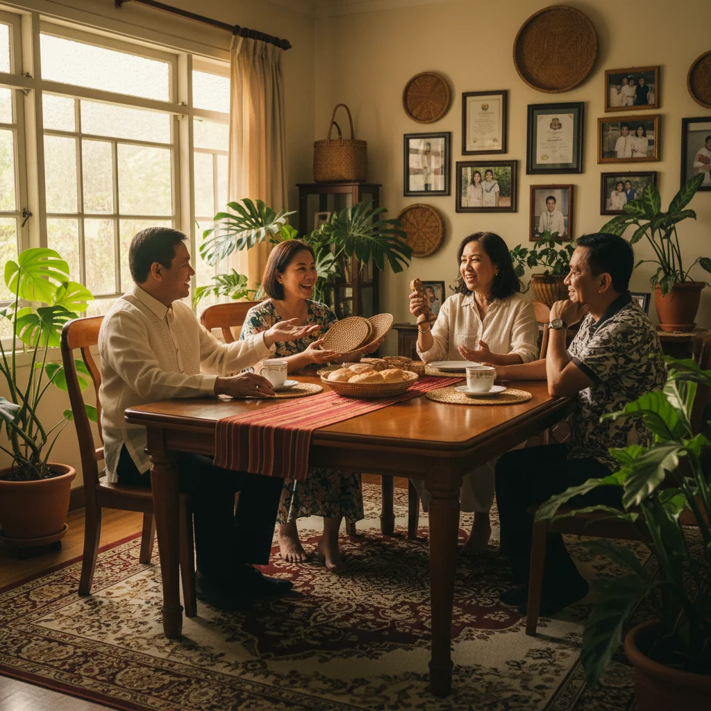 A photorealistic image of a Filipino family in a traditional home setting, gathered around a dining table, discussing house rules with warm, engaging expressions, emphasizing harmony and understanding in the household. The scene captures the cultural essence of Filipino home life with authentic details like local decor and attire, ensuring no children are present.