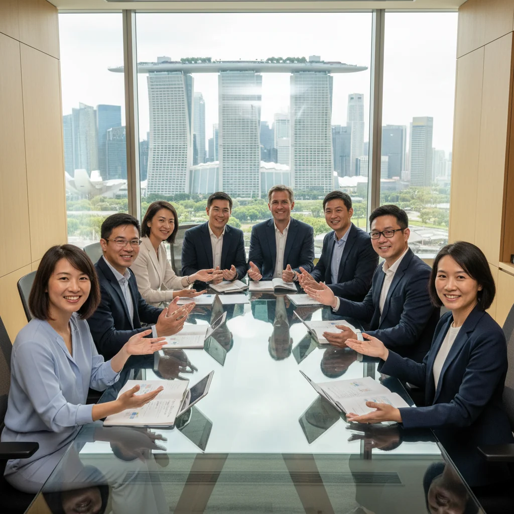 A photorealistic image of a diverse group of professional adults in a modern Singapore office environment, engaging in a team meeting. They are smiling and discussing work policies around a conference table, symbolizing the supportive framework of an employee handbook. The scene includes elements like the Singapore skyline visible through large windows, emphasizing a positive workplace culture. No children are present in the image.