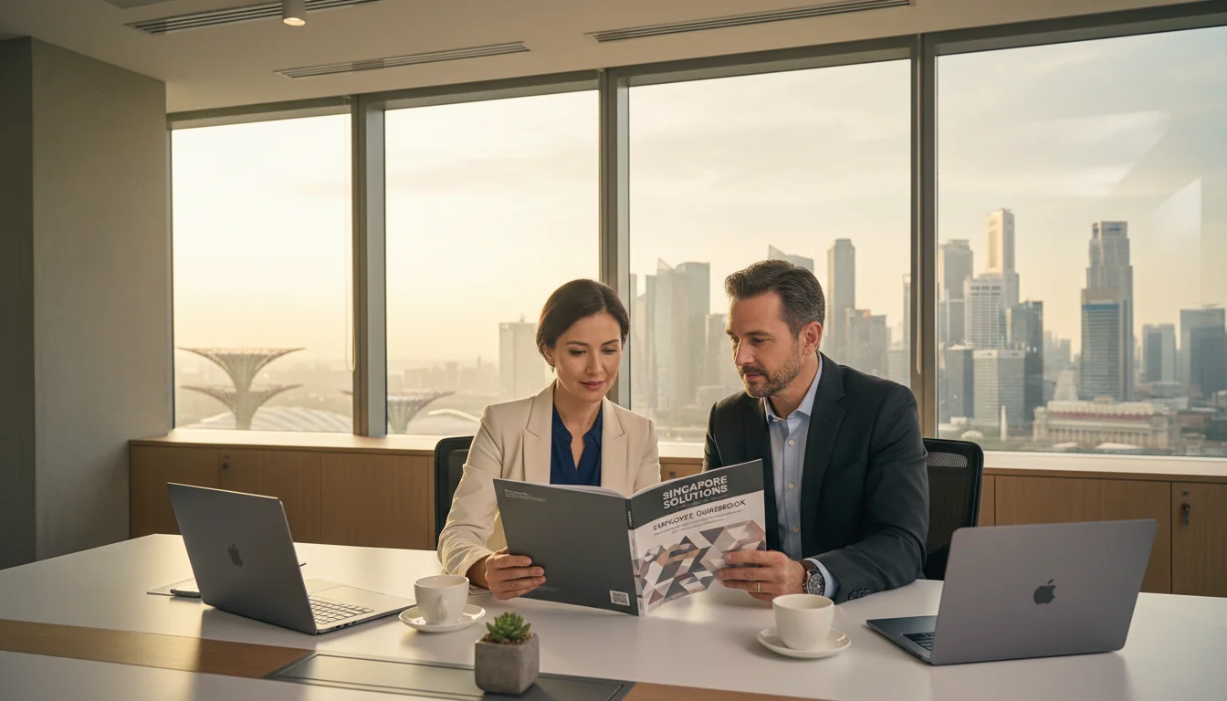Singapore office workers reading handbook
