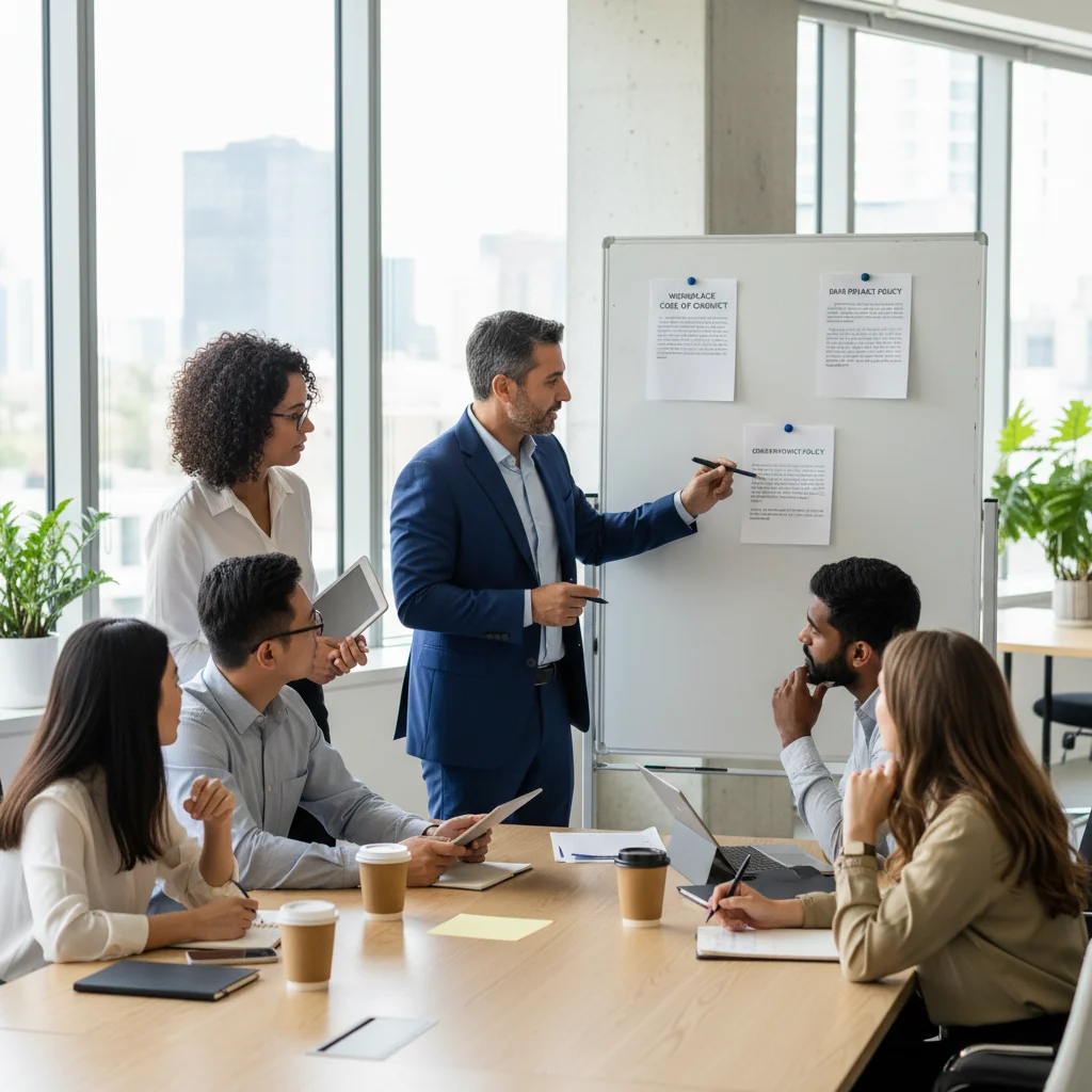 A photorealistic image depicting a professional office environment where adults are collaboratively reviewing workplace guidelines, symbolizing legal obligations in internal work regulations, with no children present.
