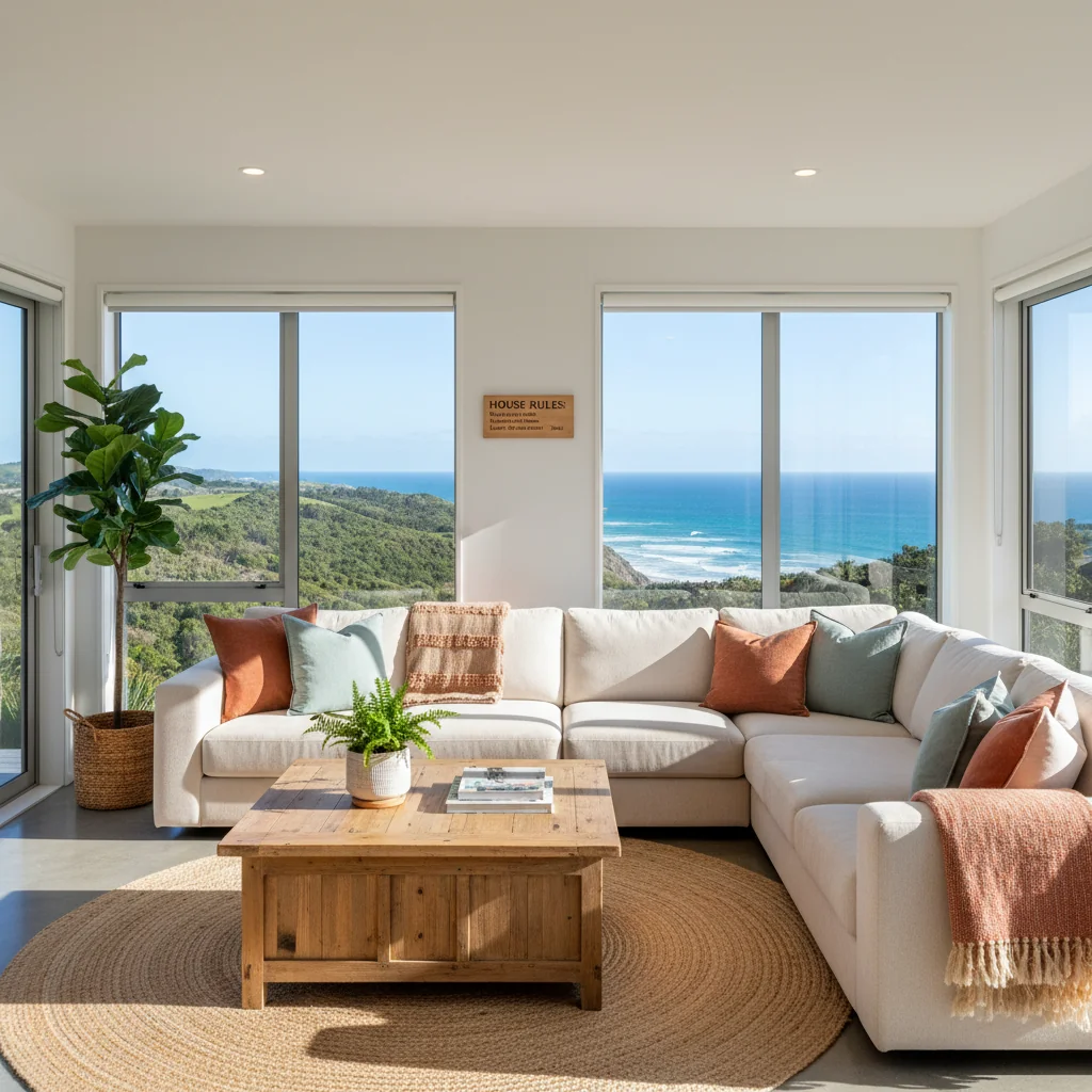 A photorealistic image of a cozy, modern rental apartment in New Zealand, featuring a welcoming living room with comfortable furniture, large windows showing a scenic view of green hills and the ocean, and subtle elements like a house rules notice on the wall, evoking a sense of comfortable tenancy without focusing on documents or people, especially no children.