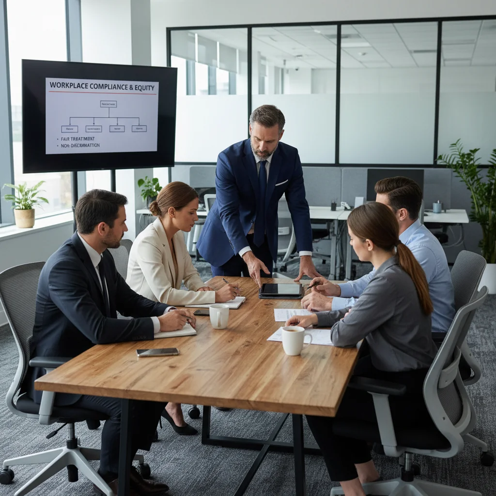 A photorealistic image depicting a professional workplace environment symbolizing legal compliance in employment regulations, such as a diverse group of adults in a modern office discussing work rules with a confident manager, no children present.