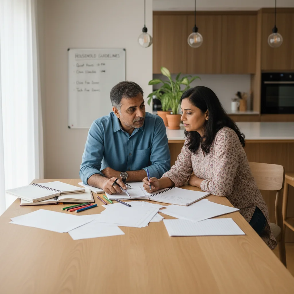 A photorealistic image of a middle-aged couple in a cozy home setting, sitting at a kitchen table with notebooks and pens, discussing and planning household rules together, conveying a sense of organization and family harmony without showing any children.