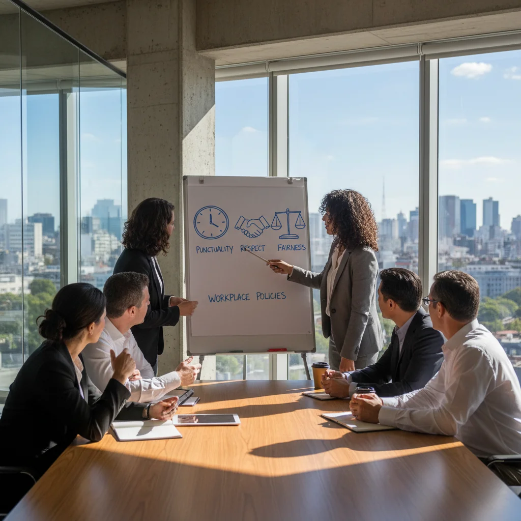 A photorealistic image of a diverse group of adult professionals in a modern Argentine office environment, engaged in a collaborative meeting discussing workplace rules, with elements like a whiteboard showing icons of discipline and order, emphasizing harmony and productivity in the labor setting, no children present.