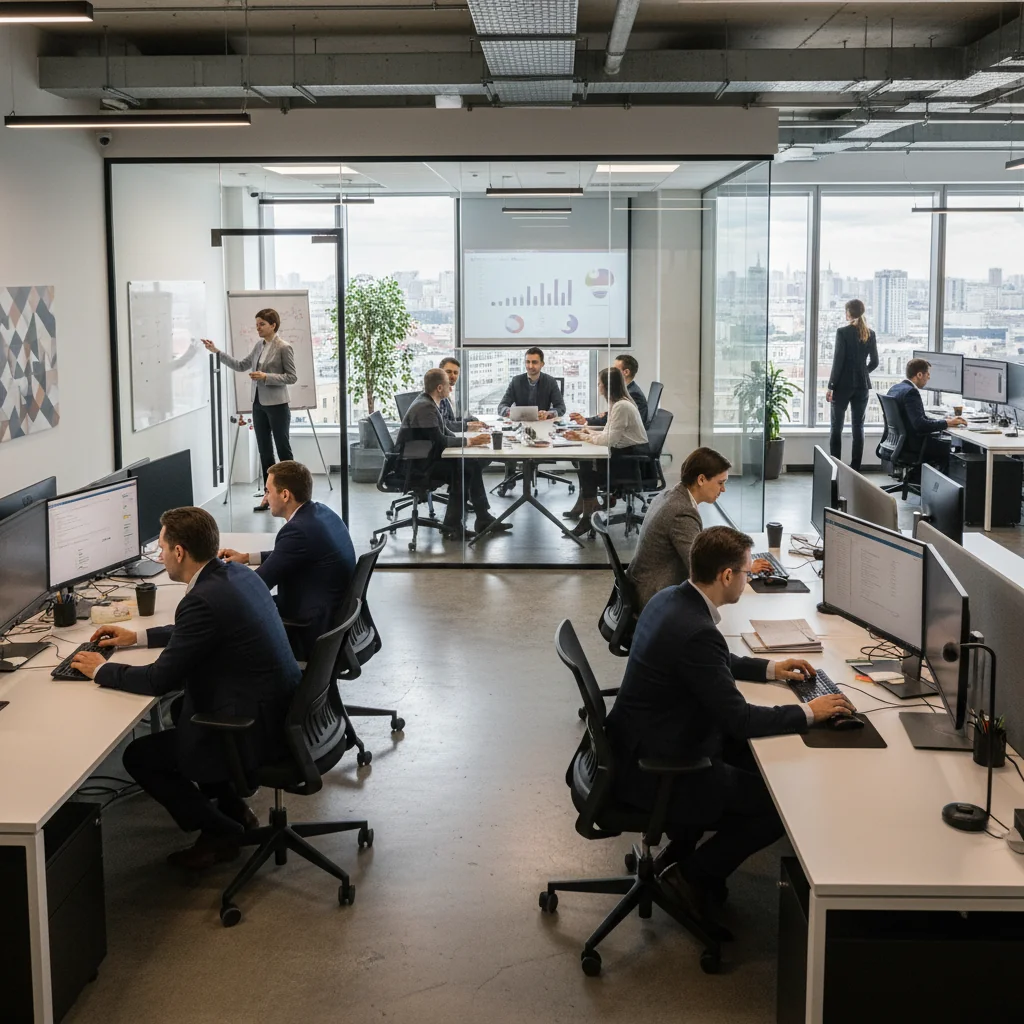 A photorealistic image of a professional office environment in Russia, showing diverse adult employees engaged in collaborative work at modern desks with computers, symbolizing structured workplace routines and internal order, with subtle Russian elements like flags or architecture in the background, conveying the purpose of maintaining organized labor discipline in a company.