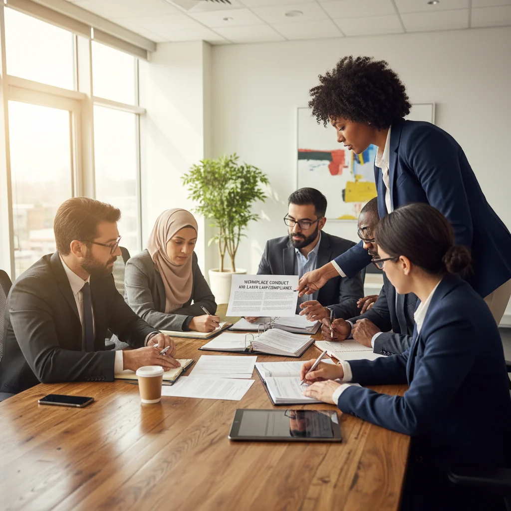 A photorealistic image depicting a diverse group of adult professionals in a modern office environment, engaged in a collaborative meeting. They are discussing workplace policies around a conference table, with expressions of focus and teamwork, symbolizing compliance and harmony in labor regulations. No children are present.