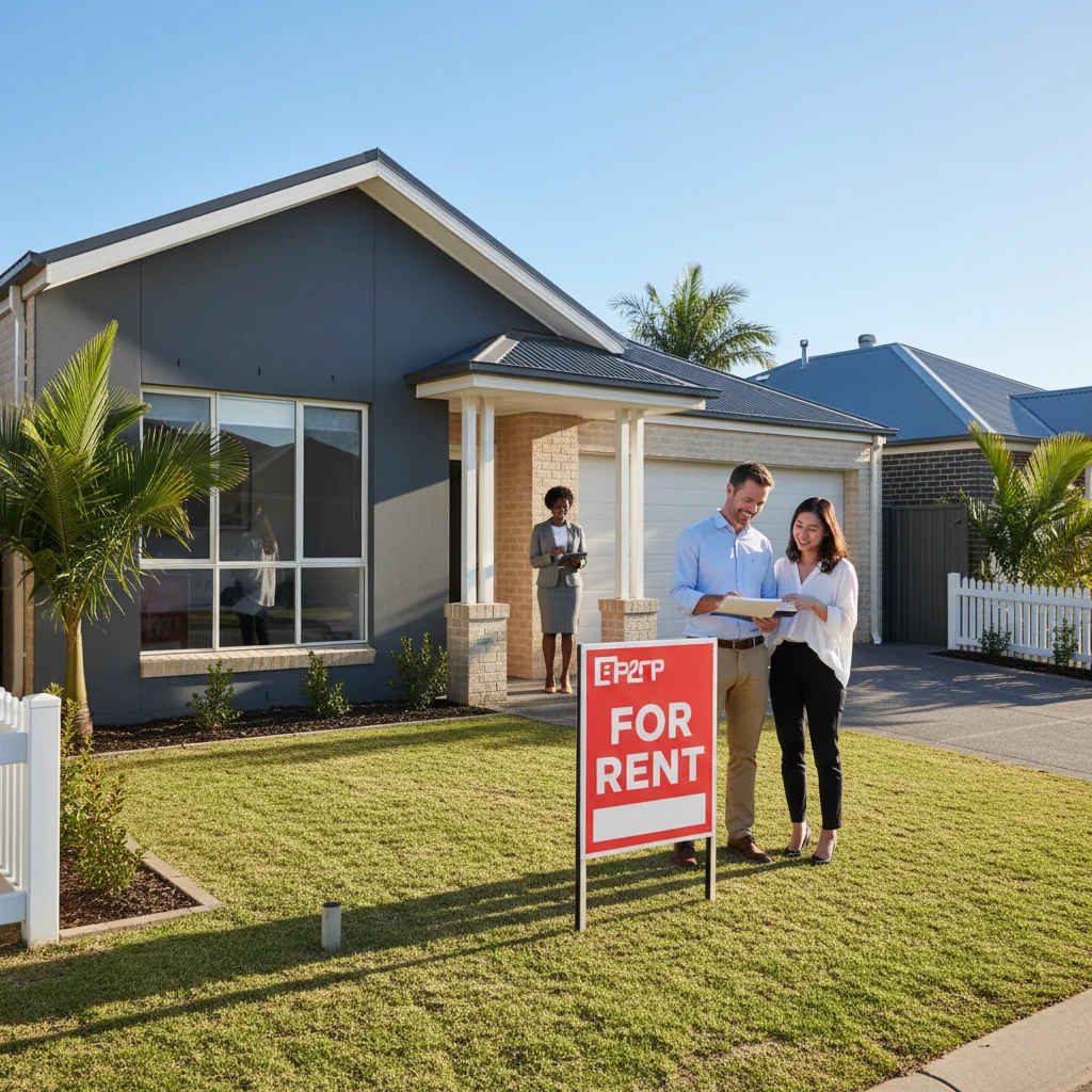 A photorealistic image of a modern Australian suburban house with a 'For Rent' sign in the front yard, showing a well-maintained exterior, green lawn, and a couple of adults standing outside discussing paperwork, evoking the theme of house rules and tenancy in Australia.