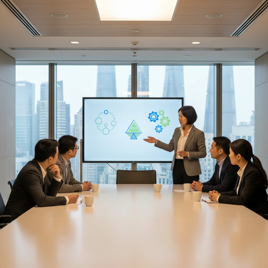 A photorealistic image of a diverse group of professional adults in a modern Chinese corporate office setting, engaged in a collaborative meeting around a conference table, symbolizing the establishment and implementation of company rules and regulations to foster a structured and harmonious work environment.