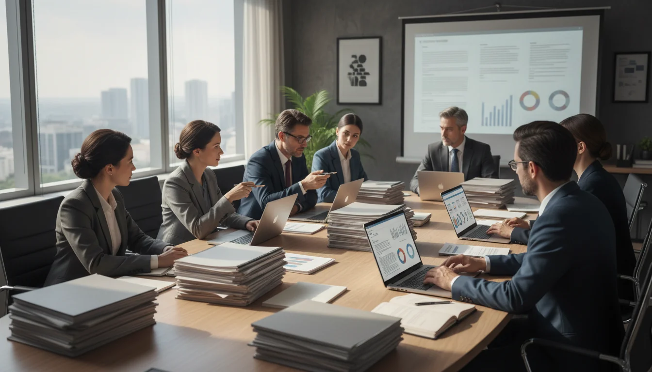 Team discussing company policy documents