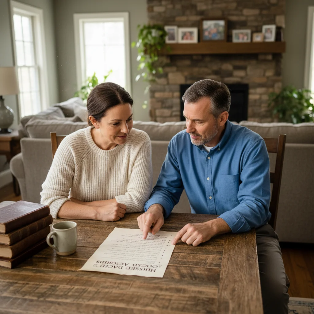 A photorealistic image of a middle-aged couple sitting at a home dining table, reviewing a family rules document together, symbolizing domestic legal aspects and challenges, with a warm home interior in the background, no children present.
