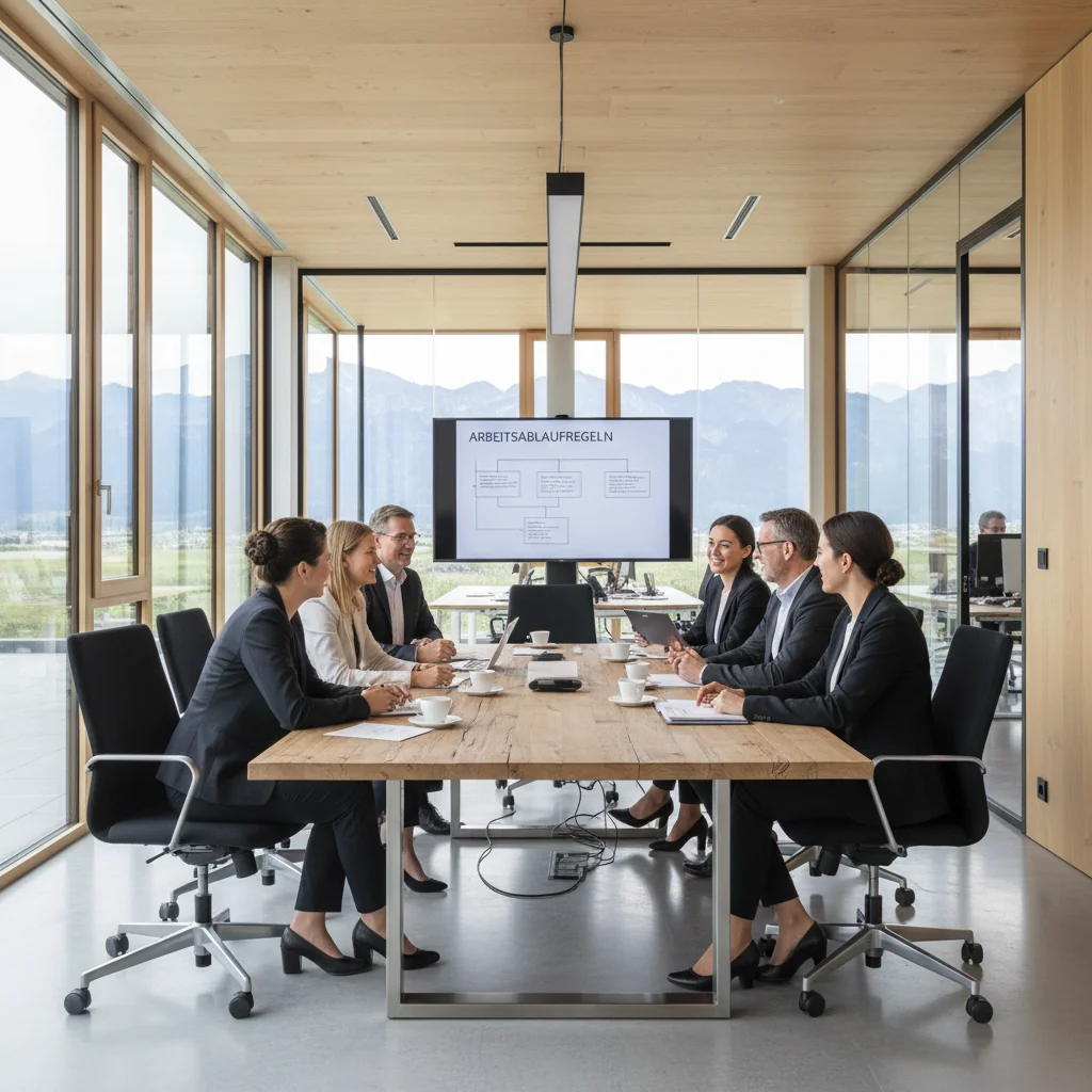 A photorealistic image of a diverse group of adult professionals in a modern Austrian office environment, engaged in a collaborative meeting, symbolizing workplace regulations and order without focusing on documents.