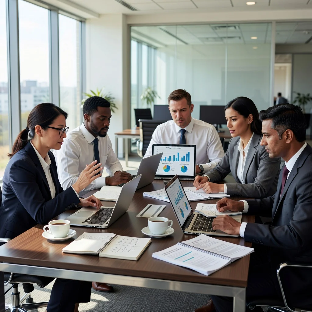 A photorealistic image depicting a professional business meeting in a modern office, where diverse adult employees are discussing compliance updates around a conference table with laptops and notes, symbolizing the importance of updating employee handbooks for workplace regulations in 2024. The atmosphere is collaborative and focused, emphasizing compliance and teamwork among adults only.