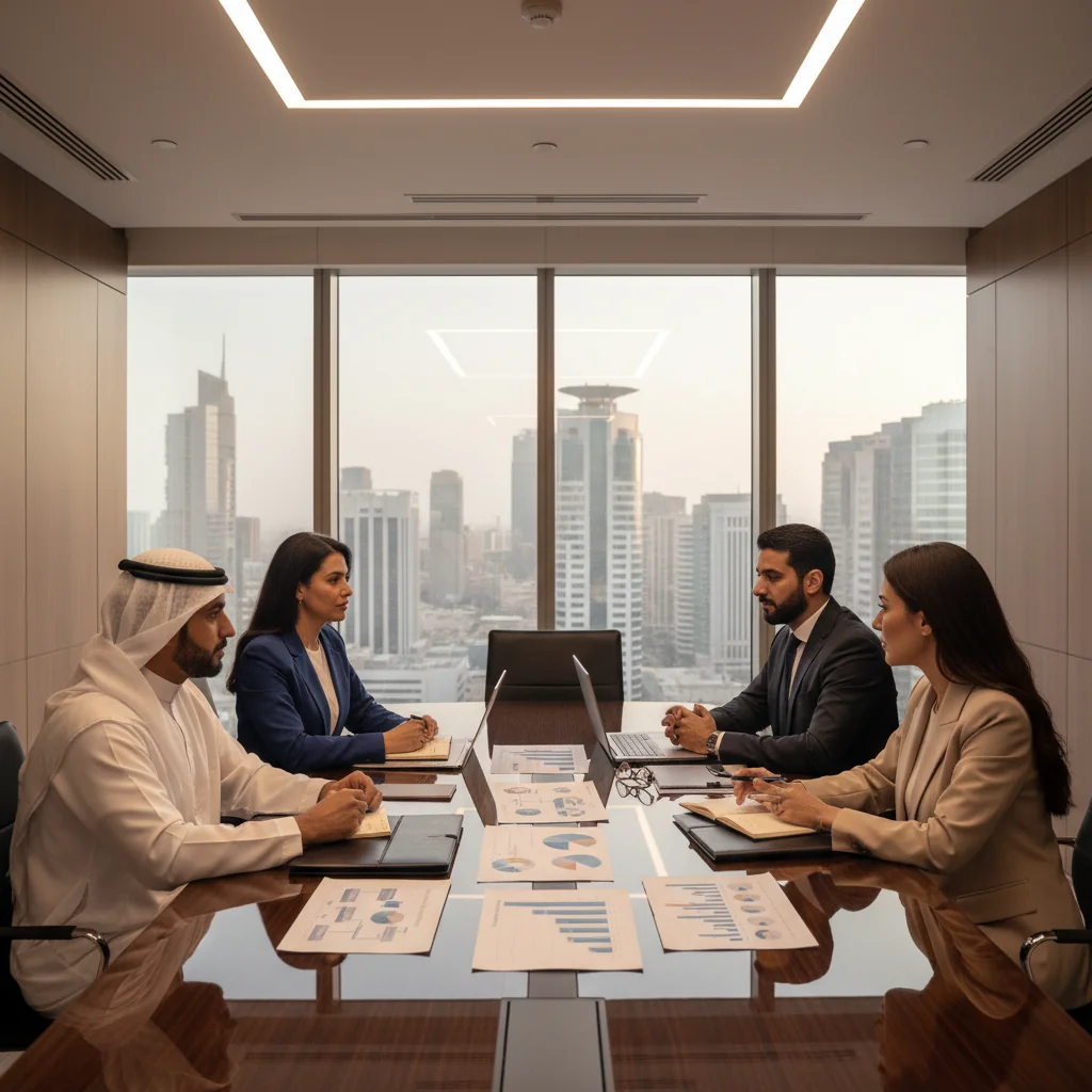 A photorealistic image of a professional business meeting in a modern Saudi Arabian corporate office, with diverse adult executives in traditional and business attire discussing policies around a conference table, symbolizing the management and documentation of company procedures.