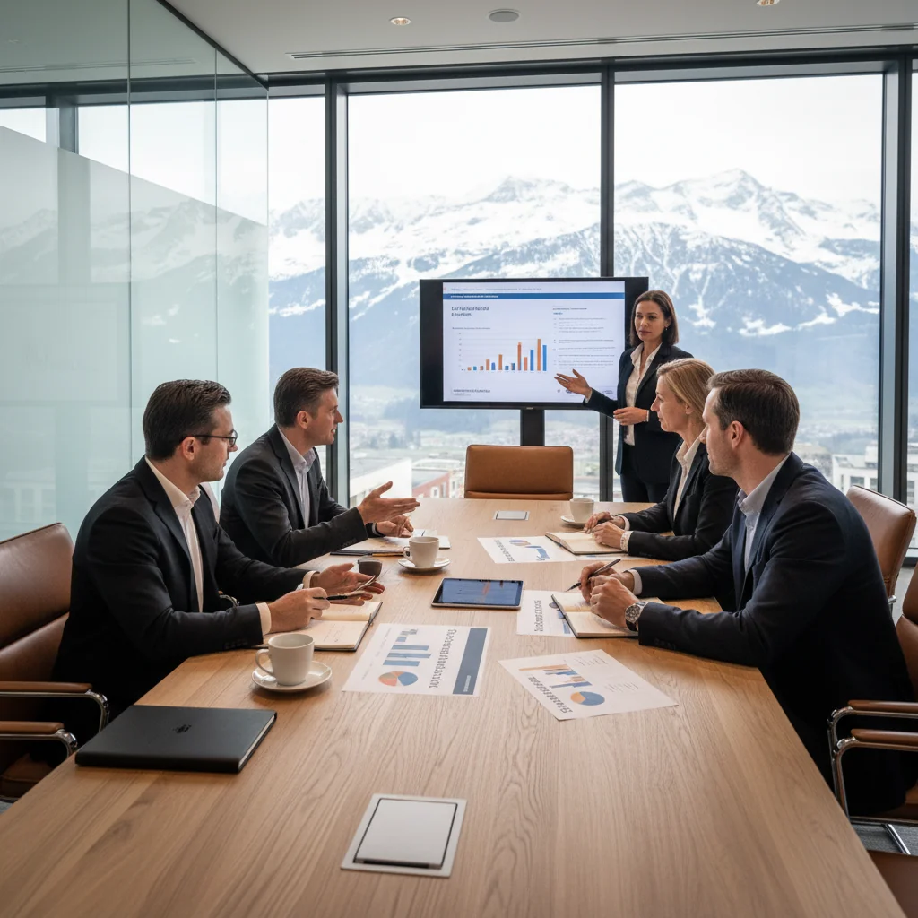 A photorealistic image of a professional business meeting in a modern Swiss office, with adults discussing corporate policies around a conference table, symbolizing workplace regulations and employment guidelines in Switzerland, no children present.
