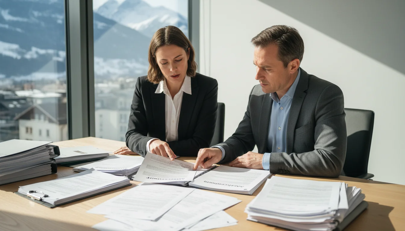 Swiss office workers reviewing documents