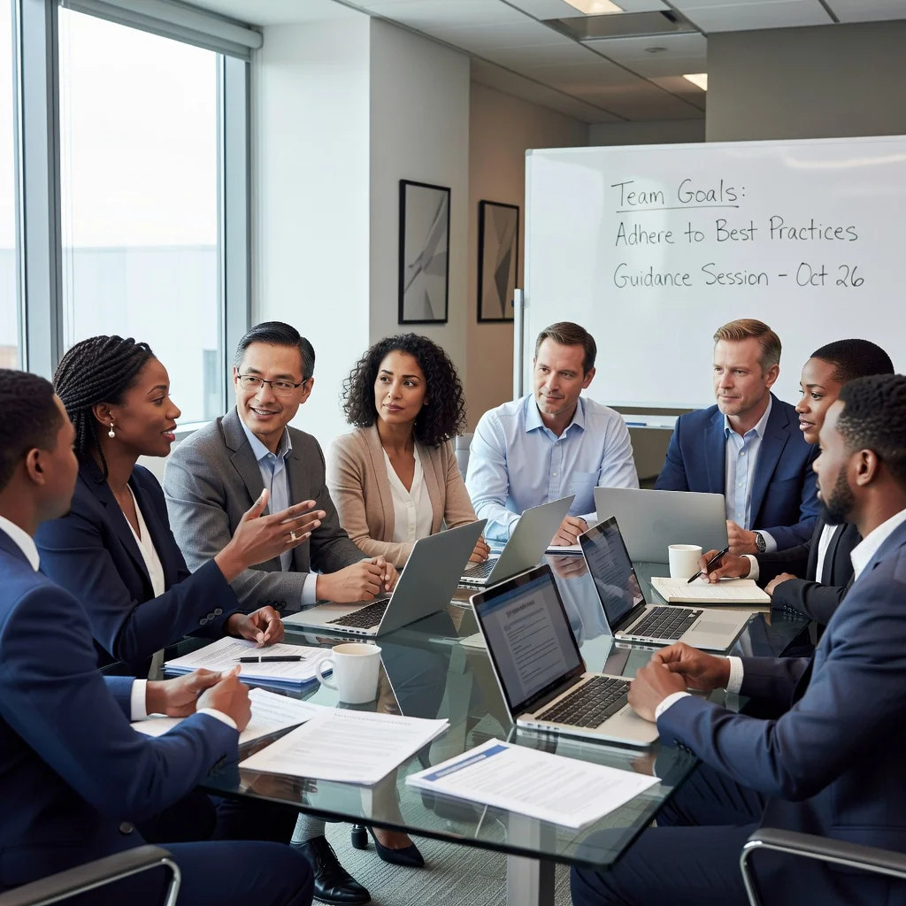 A photorealistic image of a diverse group of adult professionals in a modern office environment, engaged in a collaborative meeting around a conference table, symbolizing the guiding principles and policies outlined in an employee handbook for a US corporation. The scene conveys professionalism, teamwork, and workplace harmony, with no children present and no focus on actual documents.
