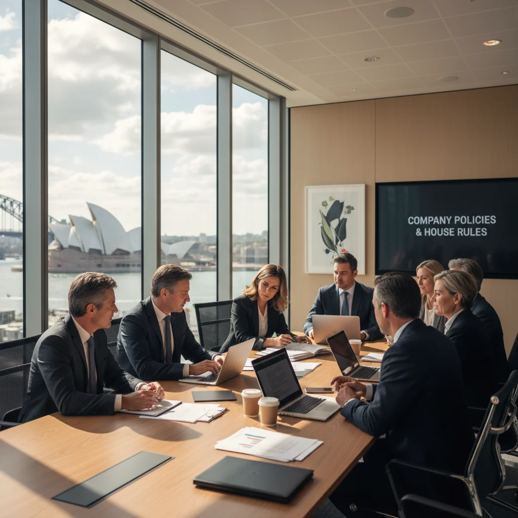 A photorealistic image representing corporate governance and house rules in an Australian business setting, featuring a diverse group of professional adults in a modern office environment, discussing rules and policies around a conference table, with Australian elements like a flag or Sydney skyline in the background, no children present.
